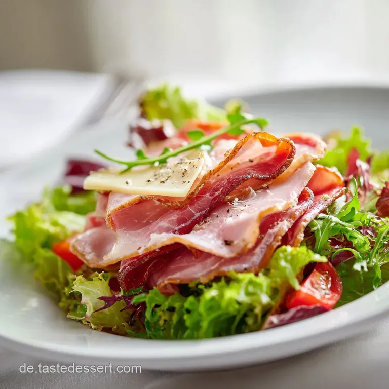 A colorful salad artfully arranged on a white plate, highlighting the juicy tomatoes, savory ham, and rich cheese cubes.