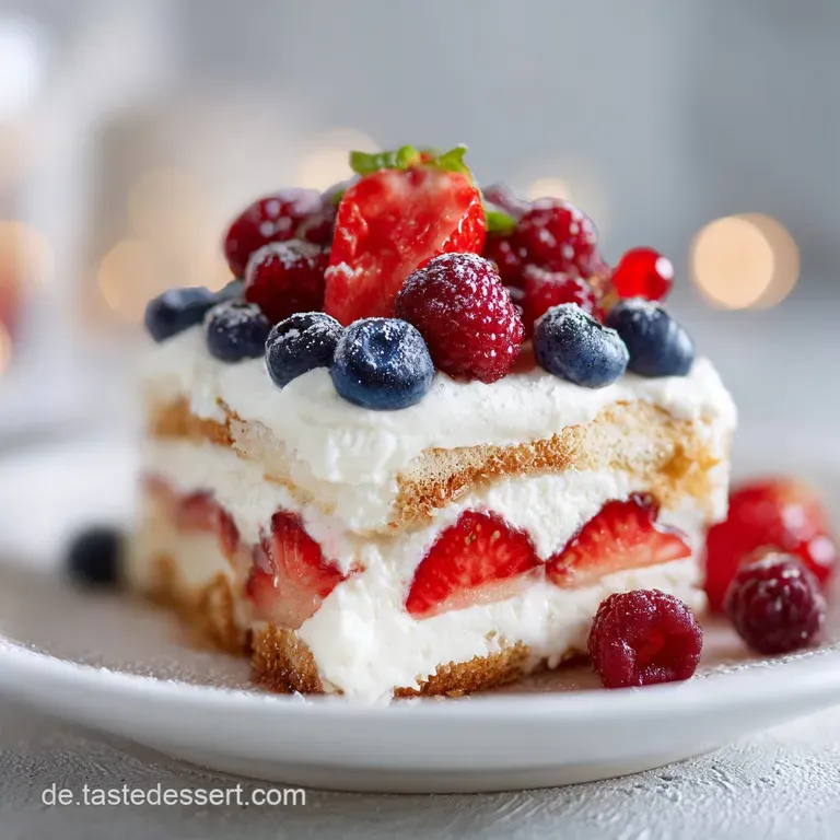 A delicate slice of berry tiramisu adorned with a mint sprig and a dusting of powdered sugar on a white plate.