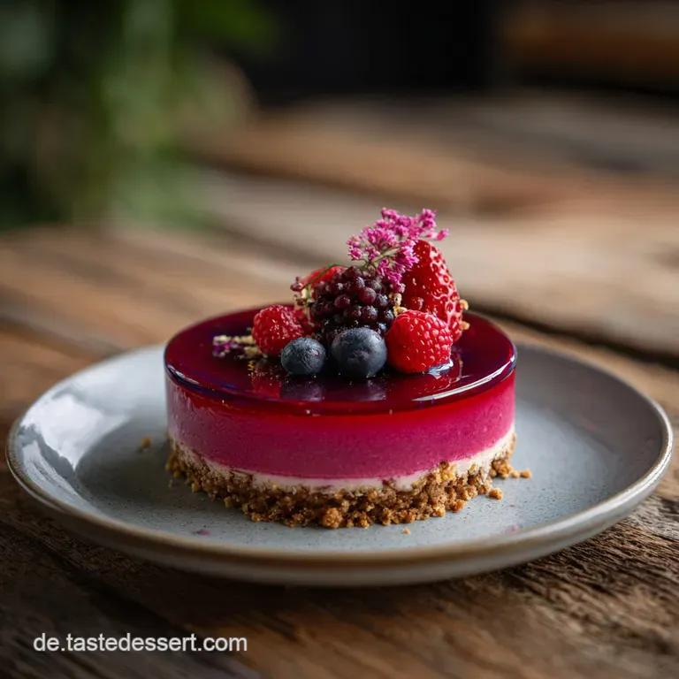 Wedge of glistening galaxy kuchen on a white plate, reflecting light. Smooth mirror glaze contrasts with the cake's airy i...