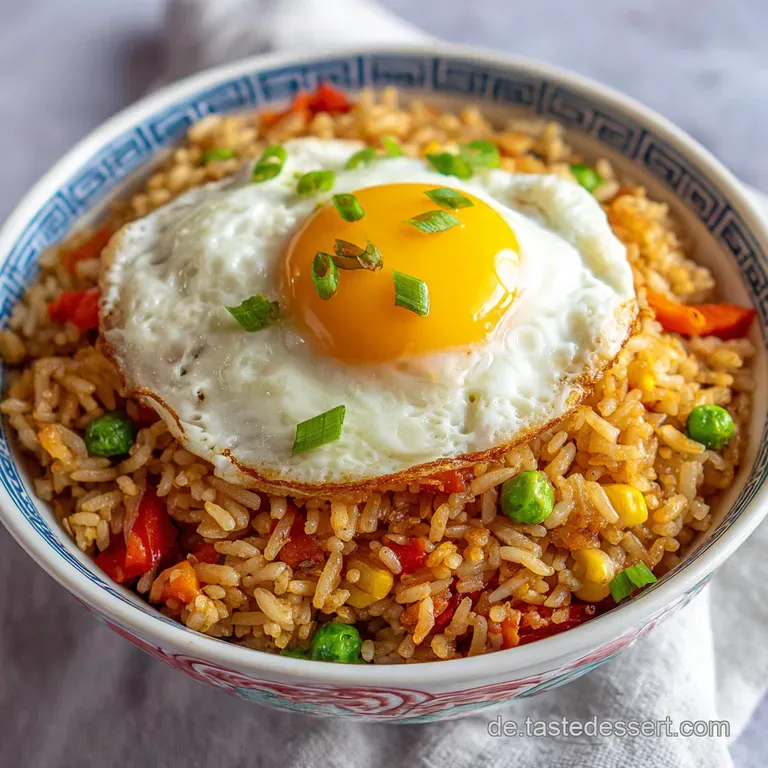 Plated fried rice with vibrant green scallions, showcasing the fluffy texture and colorful mix of perfectly cooked vegetab...
