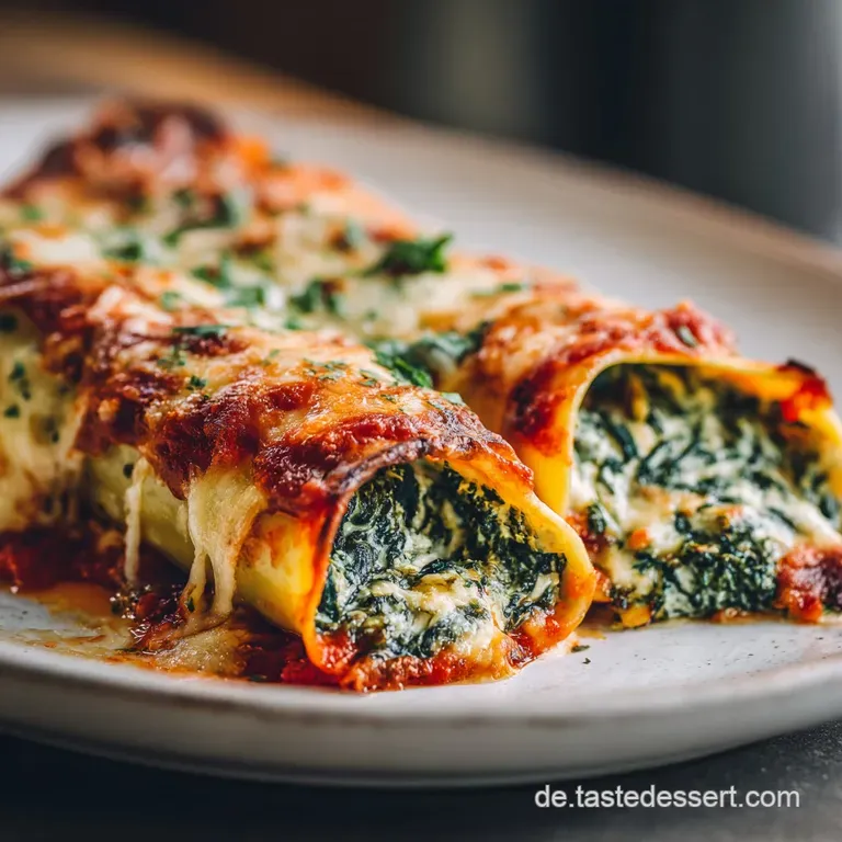 Two plump, golden cannelloni tubes nestled on a plate, swimming in rich tomato sauce. Garnish of fresh basil and parmesan.