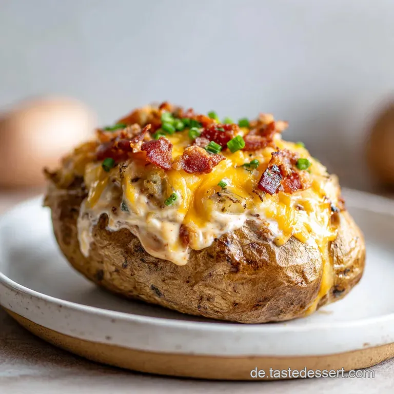 A single baked potato overflowing with creamy filling, sprinkled with herbs, sits on a rustic plate, inviting and warm.
