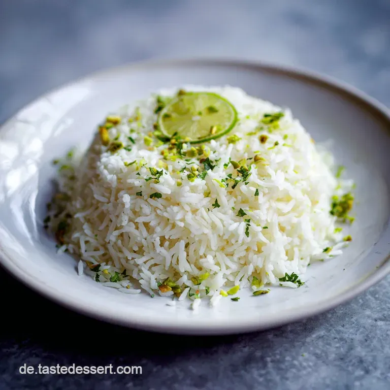 Steaming portion of white rice artfully molded on a plate, garnished with vibrant green herbs for a pop of freshness.