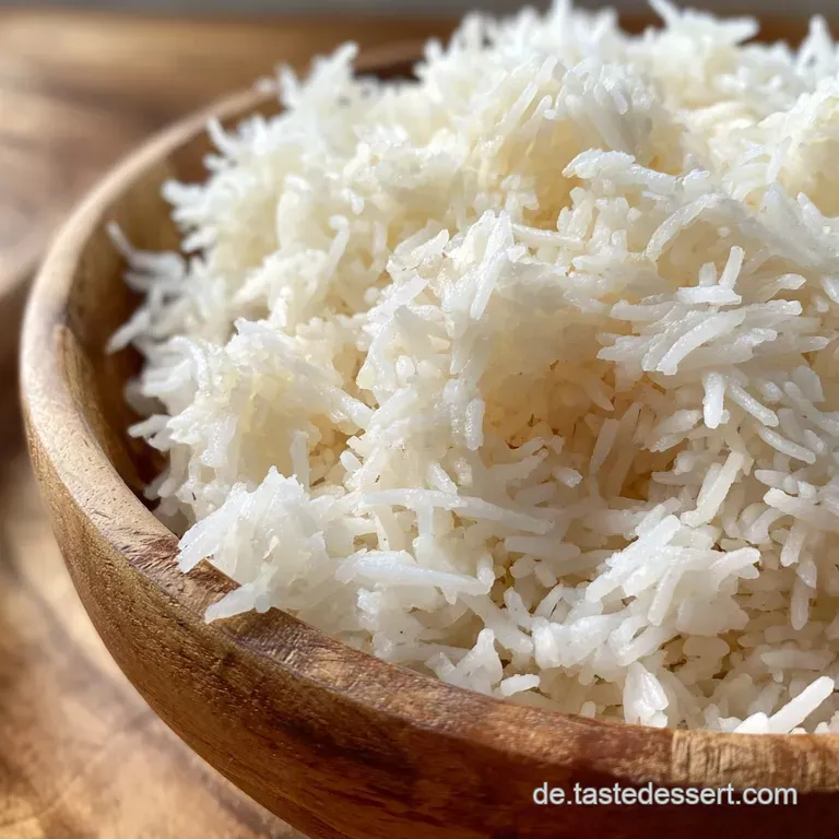 Pristine mound of perfectly cooked rice on a delicate white plate, ready to complement a flavorful dish. Grain detail is s...