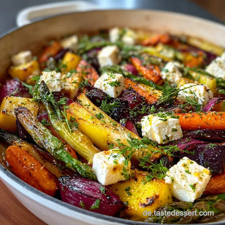 Colorful vegetable medley with melted feta, artfully arranged on a white plate, hinting at a quick and wholesome dinner, r...