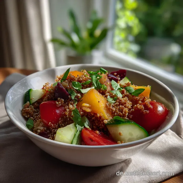 Artfully arranged quinoa bowl. Fluffy quinoa, colorful vegetables, and a creamy, light-colored dressing drizzle.