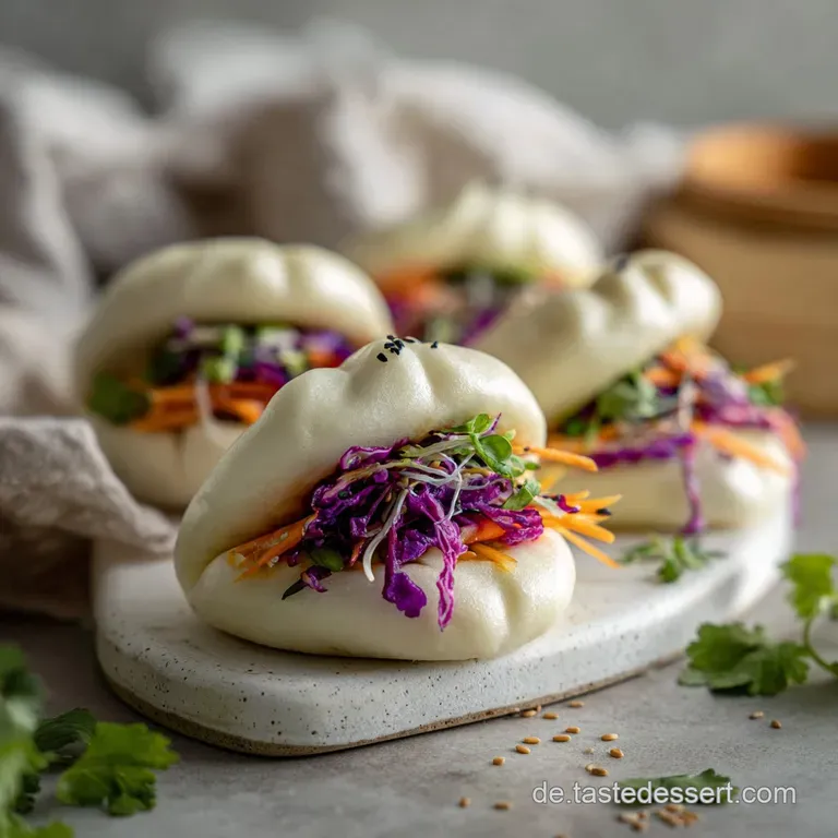 A trio of glistening bao buns are presented on a rustic wooden board, highlighting their soft texture and delicate folds.
