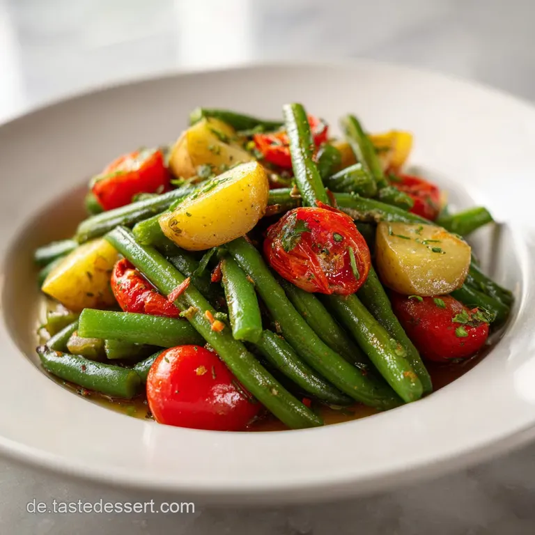A rustic white plate showcasing bright green beans nestled beside golden, fork-tender potato slices.