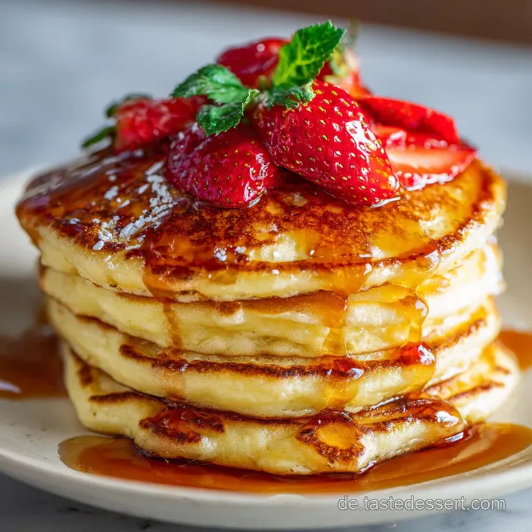 Three fluffy pancakes drizzled with golden syrup, adorned with colorful fresh fruit, creating an inviting and delicious pr...