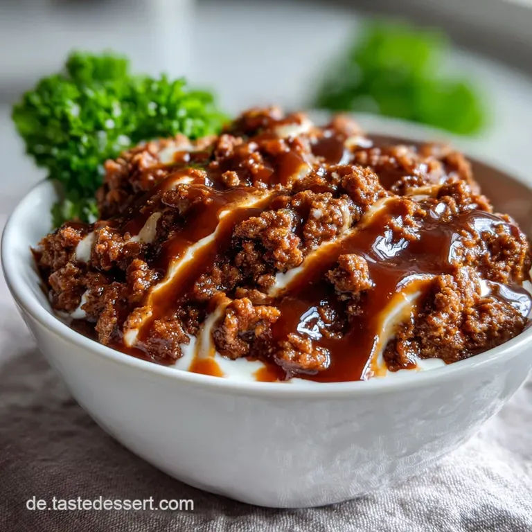 A steaming mound of ground meat in gravy, elegantly plated with a dollop of creamy mashed potatoes and a sprinkle of fresh...