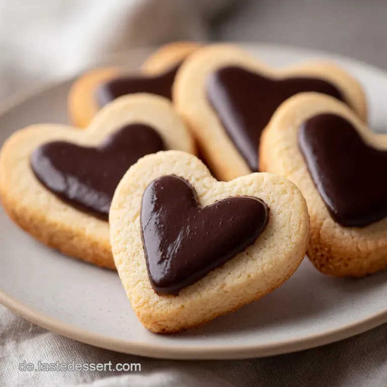 Goldbraune Nougatherzen auf einer wei&szlig;en Porzellanplatte, akzentuiert durch eine leichte Textur und sanften Glanz.