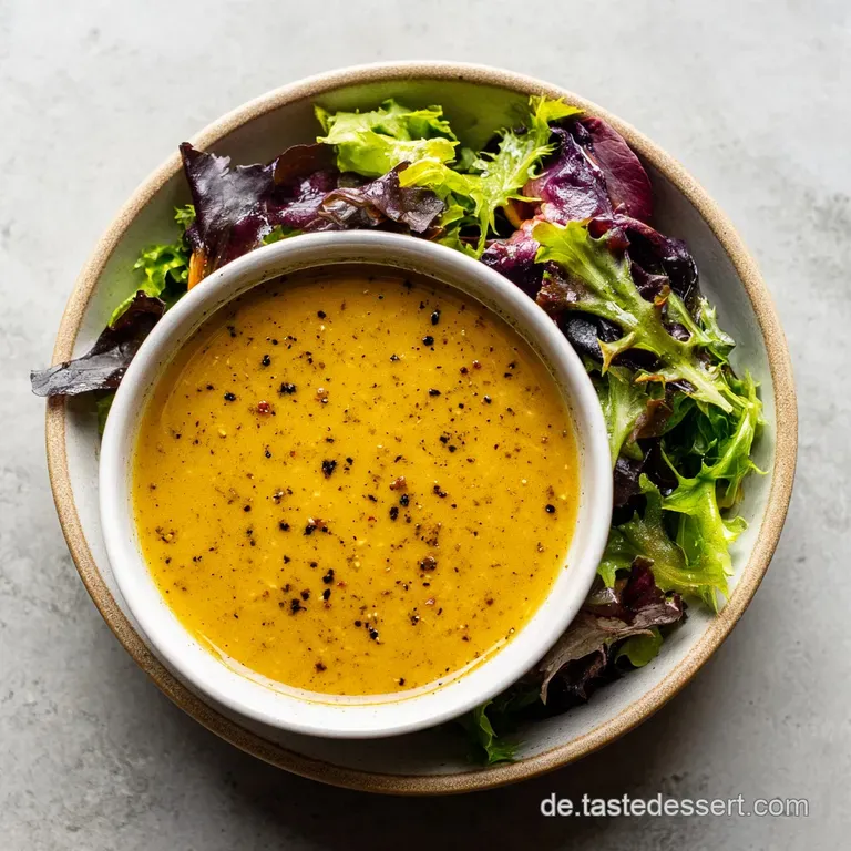 A drizzle of rich, amber dressing coats crisp greens and vibrant cherry tomatoes on a white plate.