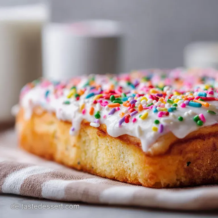 Slice of golden yeast cake with cherries, resting on a plate, hints of powdered sugar. Soft cake texture, appealing, rusti...