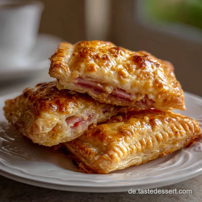 Three savory puff pastry pockets on a white plate, garnished with fresh microgreens. The golden crust offers a delightful,...