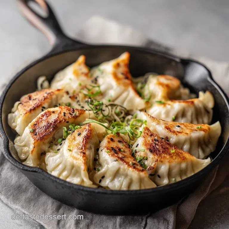 Neatly arranged pan-fried dumplings and tender sausage slices glistening in a savory sauce, elegantly plated.