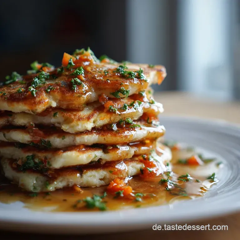 Stack of hearty pancakes oozing melted cheese, topped with crisp bacon & herbs. Inviting and warm on the plate.