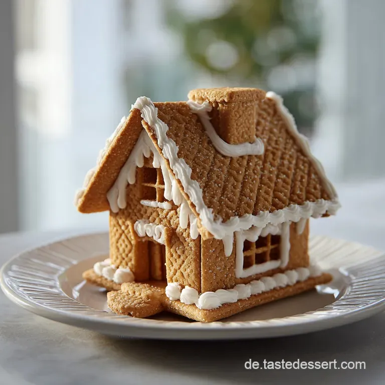 Intricate gingerbread house resting on a festive plate, dusted with powdered sugar resembling freshly fallen snow.
