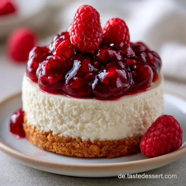 Ein St&uuml;ck cremewei&szlig;er Kuchen auf wei&szlig;em Porzellan, gekr&ouml;nt von gl&auml;nzenden roten Beeren und einem gr&uuml;nen Blatt.