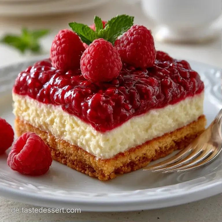 Ein St&uuml;ck cremiger Beerenkuchen auf einem wei&szlig;en Porzellanteller, garniert mit einer frischen, gl&auml;nzenden Himbeere.