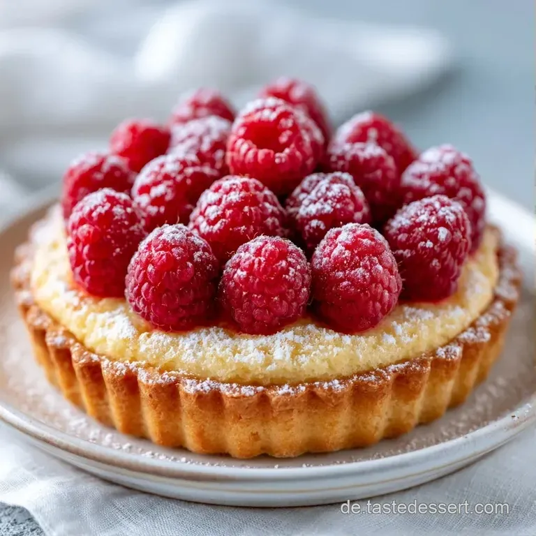 Ein in St&uuml;cke geschnittener Himbeerkuchen auf einer wei&szlig;en Keramikplatte, garniert mit frischen Beeren und Minzbl&auml;ttern.