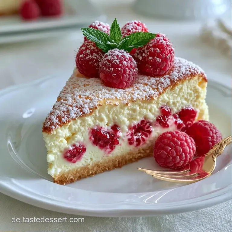 Ein luftiges St&uuml;ck wei&szlig;er Quarkkuchen mit roten Beeren auf einem schlichten Porzellanteller vor hellem Hintergrund.