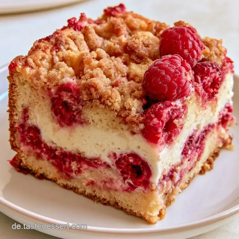 Der cremige Himbeerkuchen liegt auf einer wei&szlig;en Platte, garniert mit frischer Minze und Puderzucker-Akzenten.
