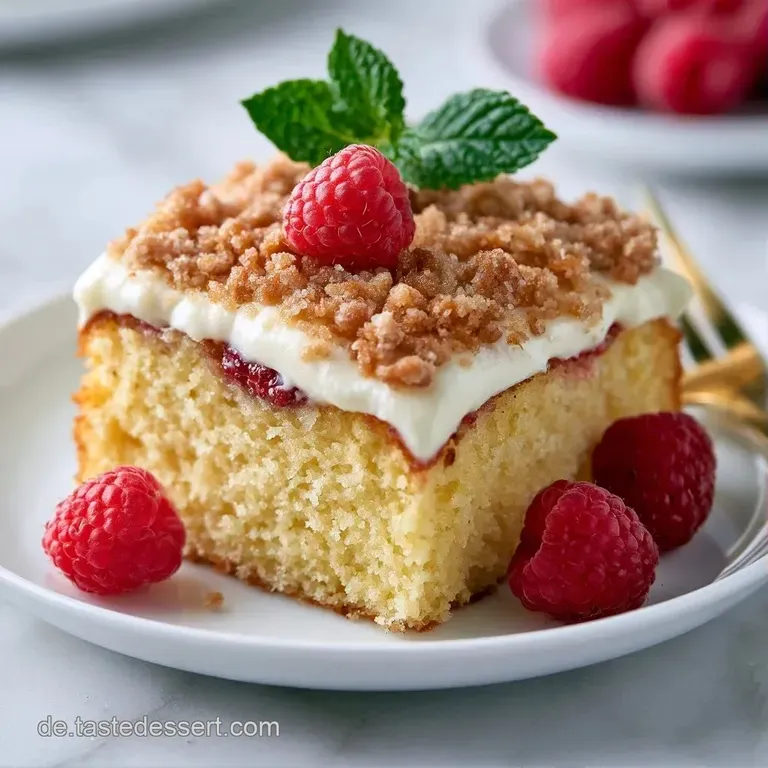 Ein St&uuml;ck Himbeerkuchen mit goldgelben Kr&uuml;meln auf einem wei&szlig;en Teller, flankiert von frischen, roten Beeren.