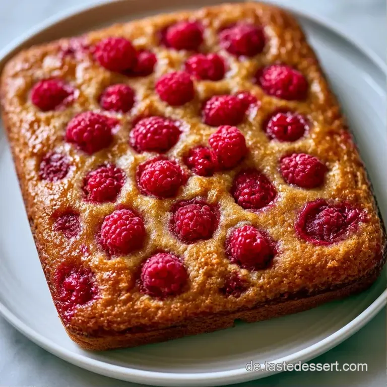 Ein St&uuml;ck heller Kuchen auf einem wei&szlig;en Teller, gekr&ouml;nt von einer frischen, gl&auml;nzenden Himbeere und cremiger Textur.