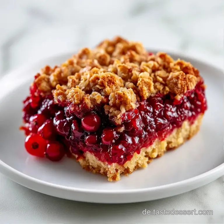 Goldbrauner Crumble mit roten Beeren auf einem wei&szlig;en Porzellanteller, garniert mit einem Klecks wei&szlig;er Creme.