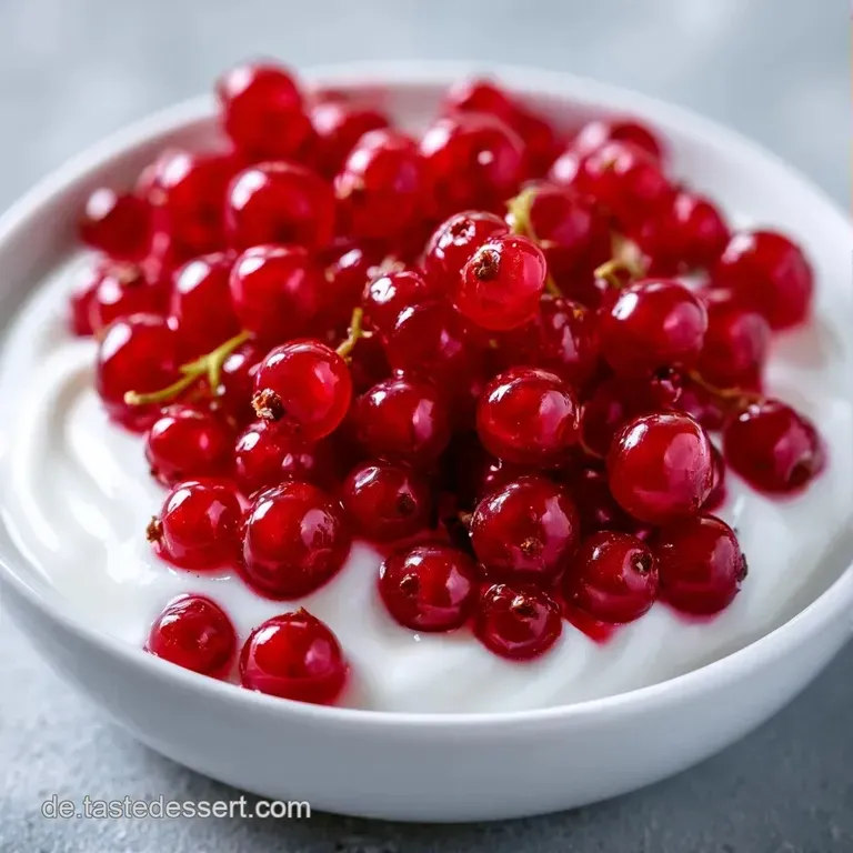 Ein gl&auml;sernes Dessertglas zeigt abwechselnd wei&szlig;e Quarkcreme und tiefrote Beerenf&uuml;llung auf einem hellen Holztisch.