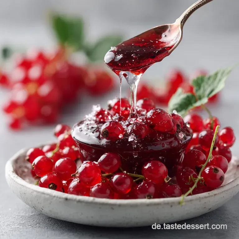 Elegant salad plate featuring jewel-toned red currant dressing artfully swirled. A sprig of herbs provides a fresh, verdan...