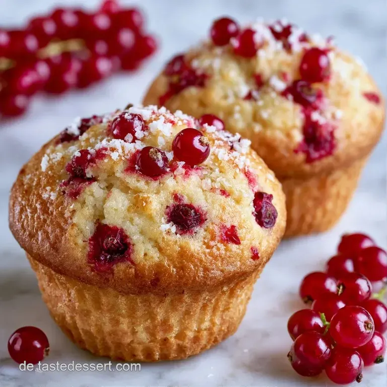 Goldgelbe Muffins auf einer wei&szlig;en Keramikplatte, bestreut mit feinem Puderzucker und frischen, roten Beeren.