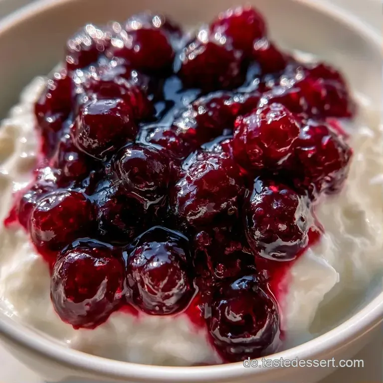 Elegant angerichtete Dessertportionen auf einer wei&szlig;en Platte mit tiefroter Fruchtsauce und zarten Beerenstielen.