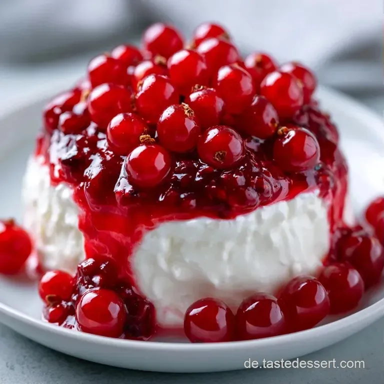 Vier gl&auml;serne Dessertschalen mit wei&szlig;er Quarkschicht und gl&auml;nzenden roten Beeren auf einer hellen Marmorplatte.
