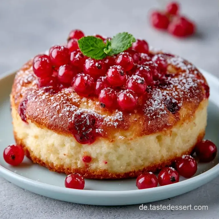 Ein St&uuml;ck luftiger, wei&szlig;er Quarkkuchen auf einem wei&szlig;en Teller, garniert mit gl&auml;nzenden roten Beeren und Minze.