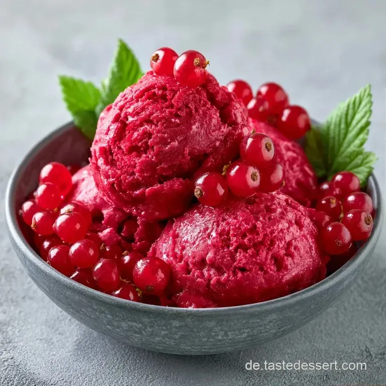 Elegantes Glas mit cremigem, purpurrotem Sorbet, getoppt mit gl&auml;nzenden roten Johannisbeeren und einem Minzblatt.