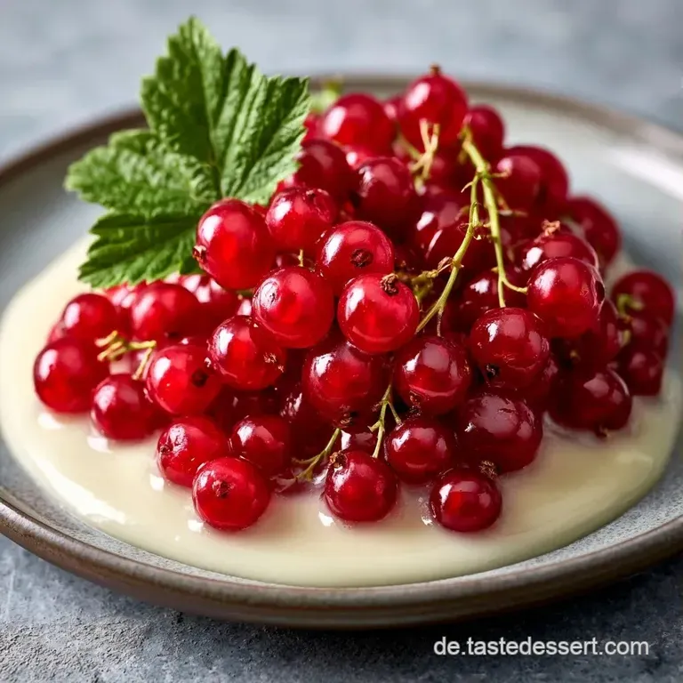 Ein eleganter Spiegel aus cremiger Vanillesauce mit darauf platzierten, prallen roten Beeren und frischer Minze.