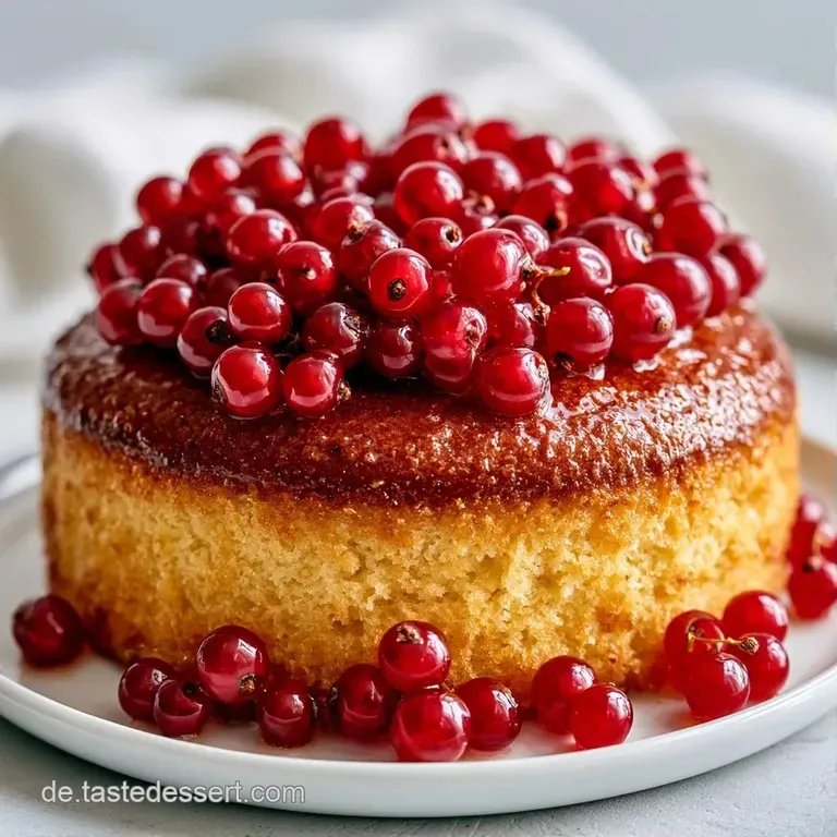 Ein saftiges St&uuml;ck goldgelber Kuchen auf einem wei&szlig;en Porzellanteller, gekr&ouml;nt von tiefroten Beerenclustern.
