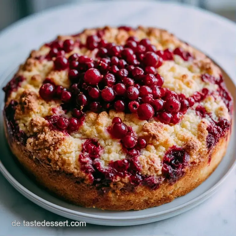 Ein St&uuml;ck goldgelber R&uuml;hrkuchen mit knusprigen Streuseln und roten Beeren auf einem wei&szlig;en Porzellanteller mit Gabel.