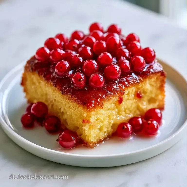 Ein St&uuml;ck heller R&uuml;hrkuchen auf einem wei&szlig;en Teller, garniert mit wei&szlig;er Creme und tiefroten, saftigen Beeren.