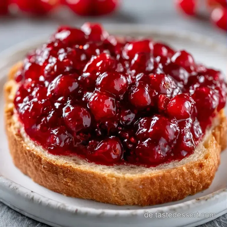 Rubinfarbener, glatter Fruchtaufstrich in einer wei&szlig;en Porzellanschale neben knusprigen, hellen Toastscheiben.