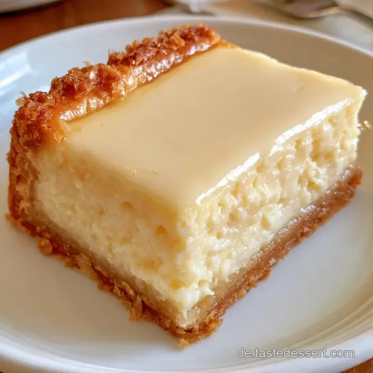 Mehrere St&uuml;cke cremiger K&auml;sekuchen auf einer hellen Platte, goldgelber Teigrand kontrastiert mit der hellwei&szlig;en F&uuml;llung.