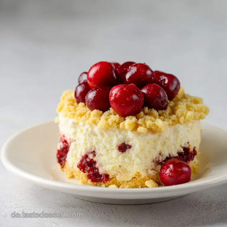 Ein St&uuml;ck heller Quarkkuchen mit roten Kirschen und goldgelben Streuseln auf einem schlichten wei&szlig;en Porzellanteller.