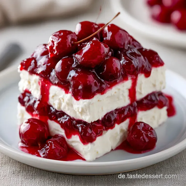 Elegant geschichtetes Dessert in einem Glas mit hellen L&ouml;ffelbiskuits, wei&szlig;er Creme und leuchtend roten Kirschst&uuml;cken.