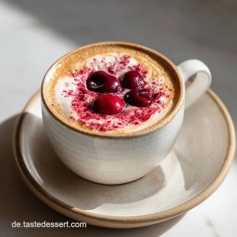 Tall glass of layered latte: creamy vanilla, deep red cherry, topped with cocoa-dusted foam and a maraschino.