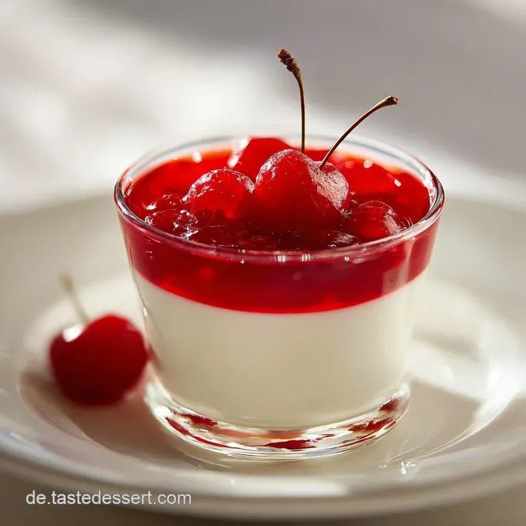 Elegant dessert in a glass: layers of creamy white filling, dark chocolate, and glistening red cherries. Fresh & inviting.