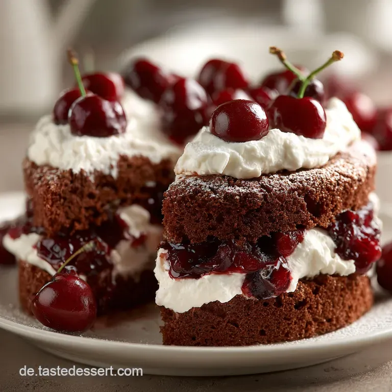 Slice of Kirschli Kuchen on a white plate. Plump, juicy cherries peek through a golden, flaky crust. A tempting dessert.