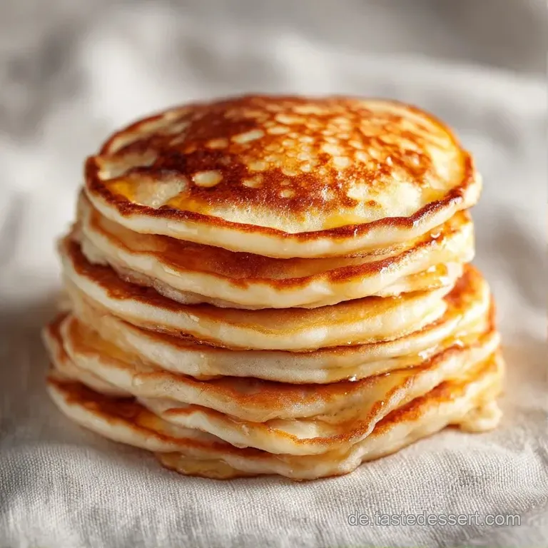 Mehrere goldgelbe Pfannkuchen auf einer rustikalen Platte, garniert mit Puderzucker und einem Klecks weicher Butter.