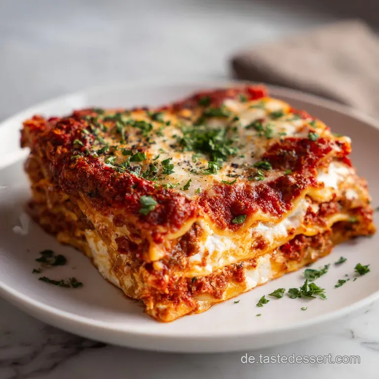A generous square of baked lasagna, showing creamy cheese pull and vibrant tomato sauce.