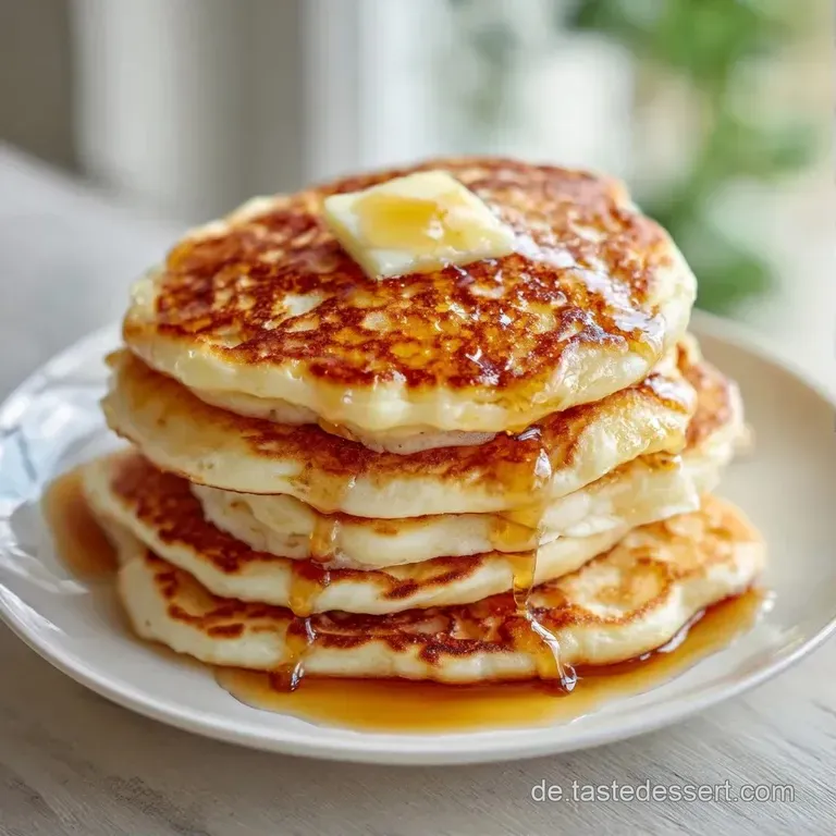 Luftige, hellgoldene Pfannkuchen-T&uuml;rmchen mit frischen Beeren und feinem Puderzucker auf einer schlichten Keramikplatte.